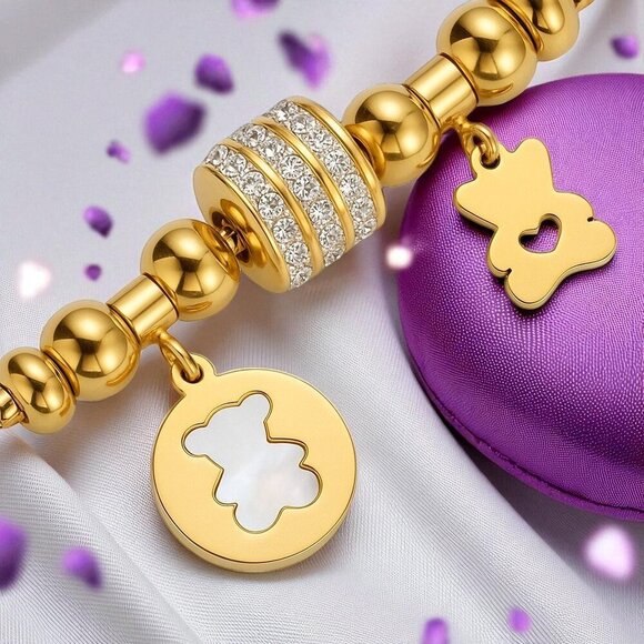 ποΈ18K Gold Plated Bear Charm Bracelet with Sparkling Rhinestones & Beads π«π» - Picture 3 of 13